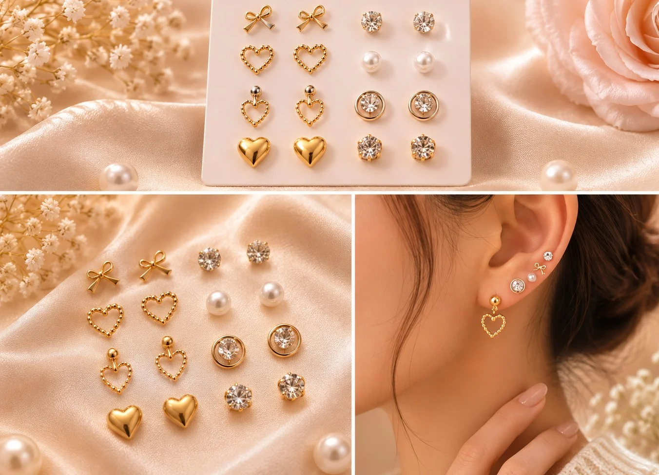 Gold Heart-Bow-Pearl-CZ 8pc Stud set